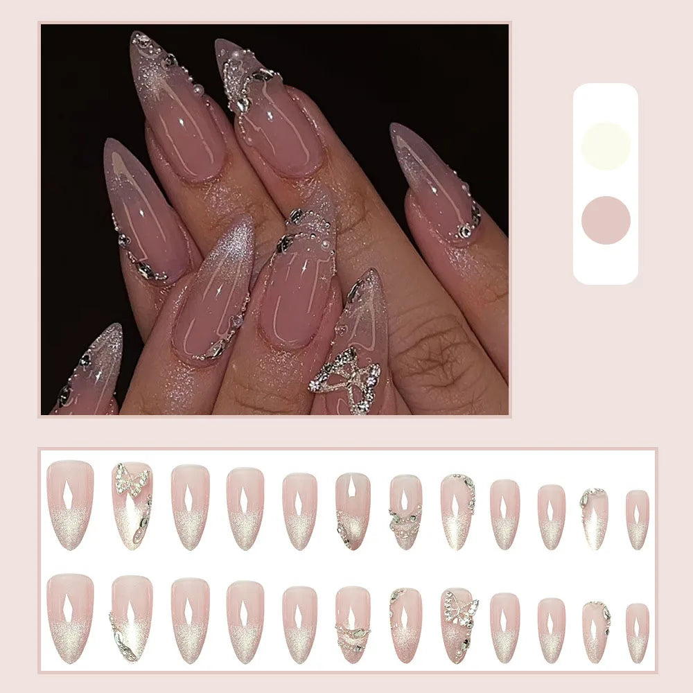 Faux Ongles 24 pièces – Dégradé Brillant, Paillettes & Cœurs, Style French Élégant