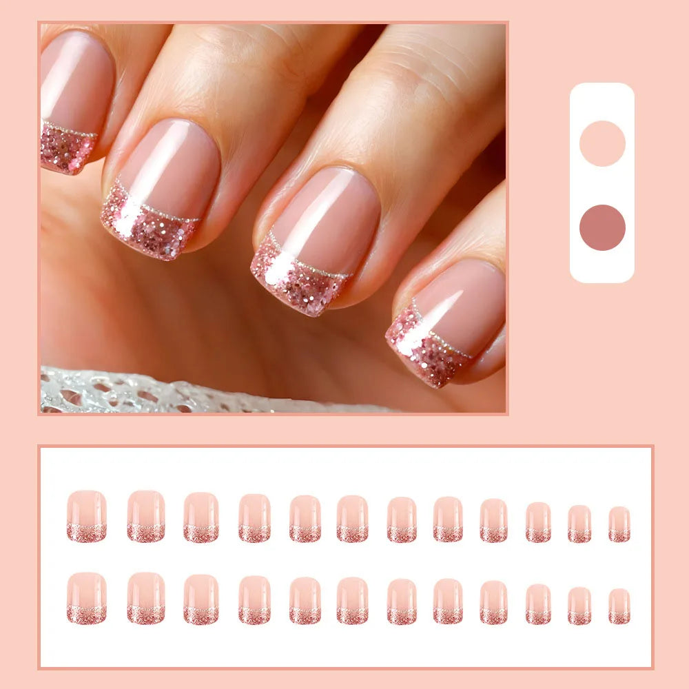Faux Ongles 24 pièces – Dégradé Brillant, Paillettes & Cœurs, Style French Élégant