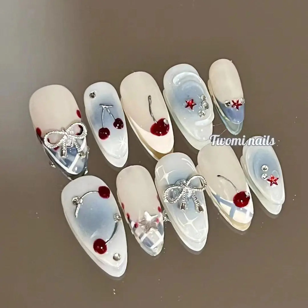 10Pcs Handmade Press on Nails Full Cover Butterflies Rhinestones Design Pink  Almond False Nails Wearable Manicure Nail Tips Art
