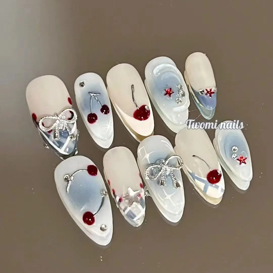 10Pcs Handmade Press on Nails Full Cover Butterflies Rhinestones Design Pink  Almond False Nails Wearable Manicure Nail Tips Art