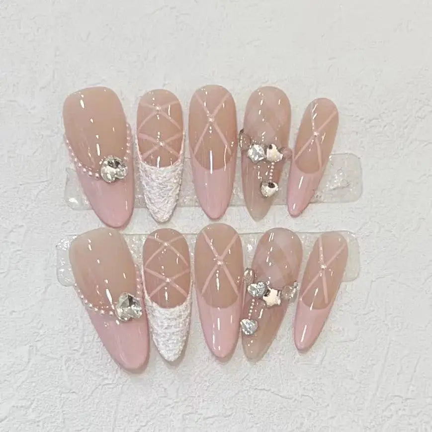 10Pcs Handmade Press on Nails Full Cover Butterflies Rhinestones Design Pink  Almond False Nails Wearable Manicure Nail Tips Art