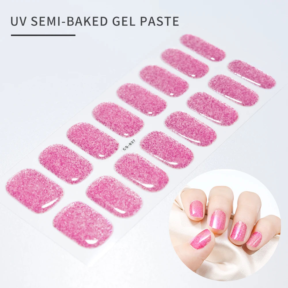 16 Tips UV Semi-Cured Gel Nails Sticker French Full Cover Luminous White Glitter Gel Nail Wraps UV for Home Nails Extension DIY#