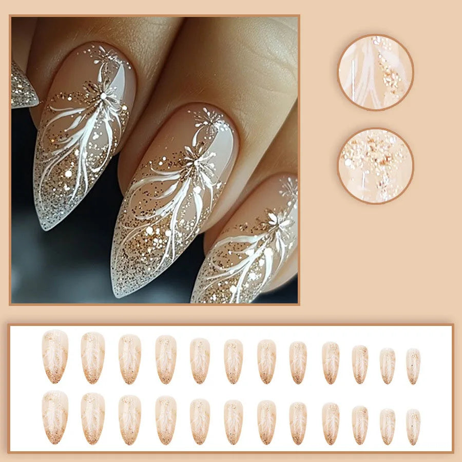 Faux Ongles 24 pièces – Dégradé Brillant, Paillettes & Cœurs, Style French Élégant