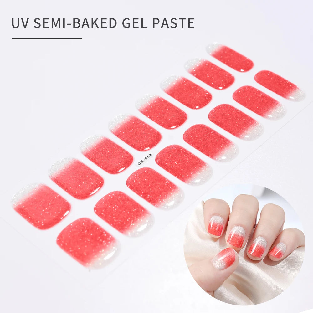 16 Tips UV Semi-Cured Gel Nails Sticker French Full Cover Luminous White Glitter Gel Nail Wraps UV for Home Nails Extension DIY#