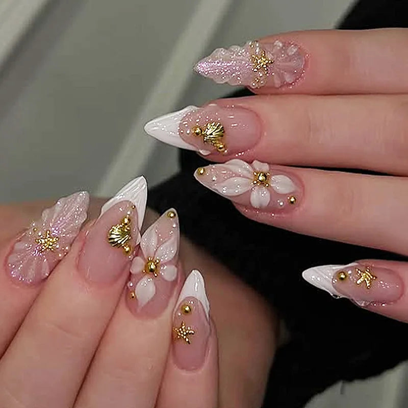 24 pièces – Faux ongles en forme d’amande prêts à poser, réutilisables, avec design floral rose doux, longue durée, décor coquillage et perles, capsules de faux ongles.