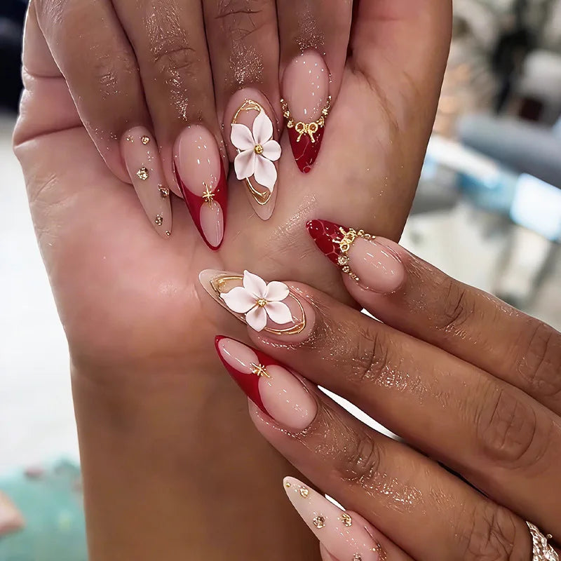 24 pièces – Faux ongles en forme d’amande prêts à poser, réutilisables, avec design floral rose doux, longue durée, décor coquillage et perles, capsules de faux ongles.