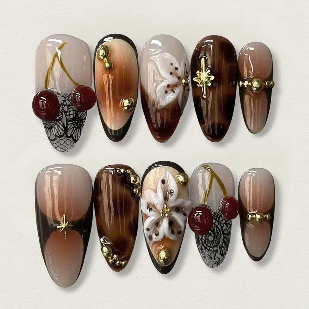 24 pièces – Faux ongles en forme d’amande prêts à poser, réutilisables, avec design floral rose doux, longue durée, décor coquillage et perles, capsules de faux ongles.