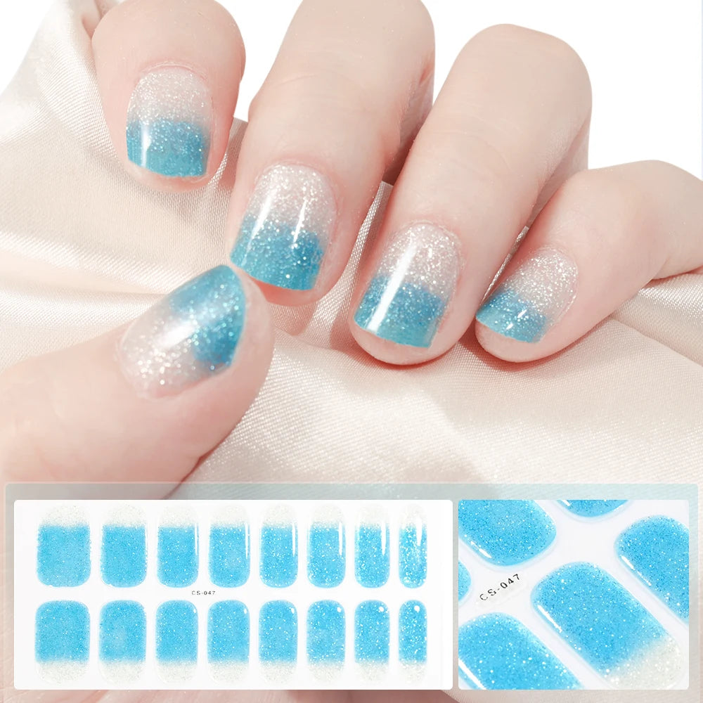 16 Tips UV Semi-Cured Gel Nails Sticker French Full Cover Luminous White Glitter Gel Nail Wraps UV for Home Nails Extension DIY#