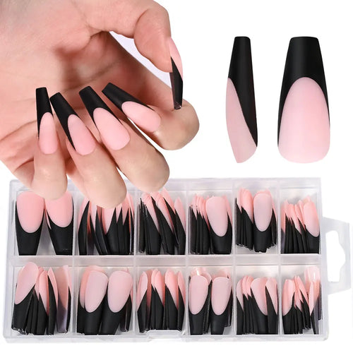 120 Faux Ongles Gel French Mat – Forme Coffin Longue, 12 Tailles, Effet Professionnel