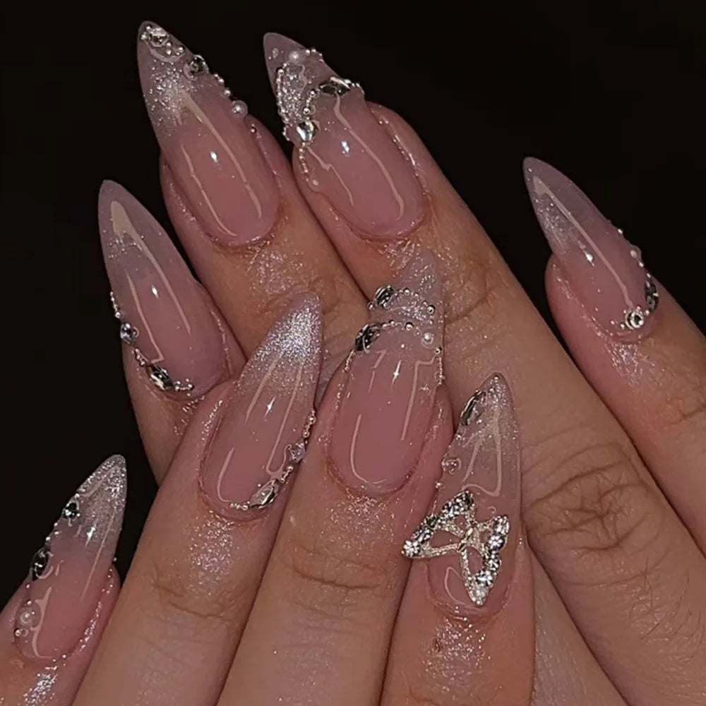 Faux Ongles 24 pièces – Dégradé Brillant, Paillettes & Cœurs, Style French Élégant