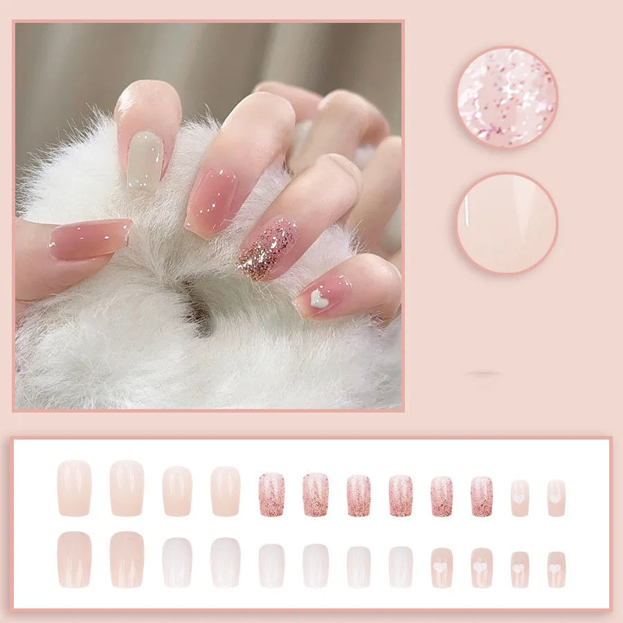 Faux Ongles 24 pièces – Dégradé Brillant, Paillettes & Cœurs, Style French Élégant