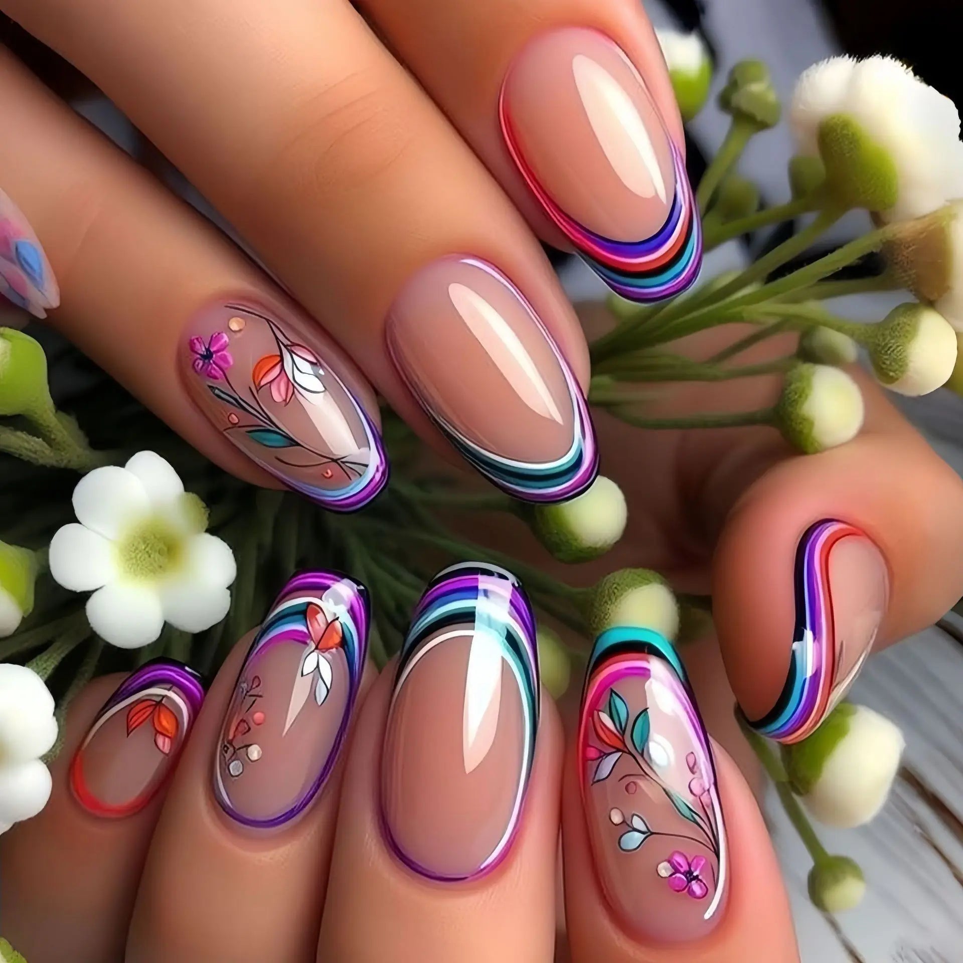 Faux Ongles Press-On Floraux – Motif Fleurs Blanches Printemps-Été – Taille Moyenne – Finition Brillante