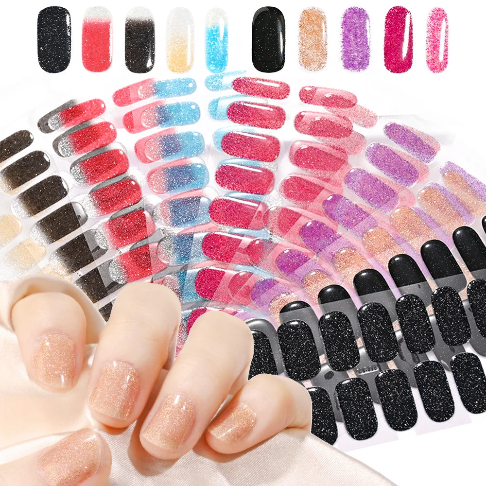 16 Tips UV Semi-Cured Gel Nails Sticker French Full Cover Luminous White Glitter Gel Nail Wraps UV for Home Nails Extension DIY#