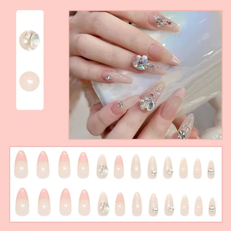 Faux Ongles 24 pièces – Dégradé Brillant, Paillettes & Cœurs, Style French Élégant