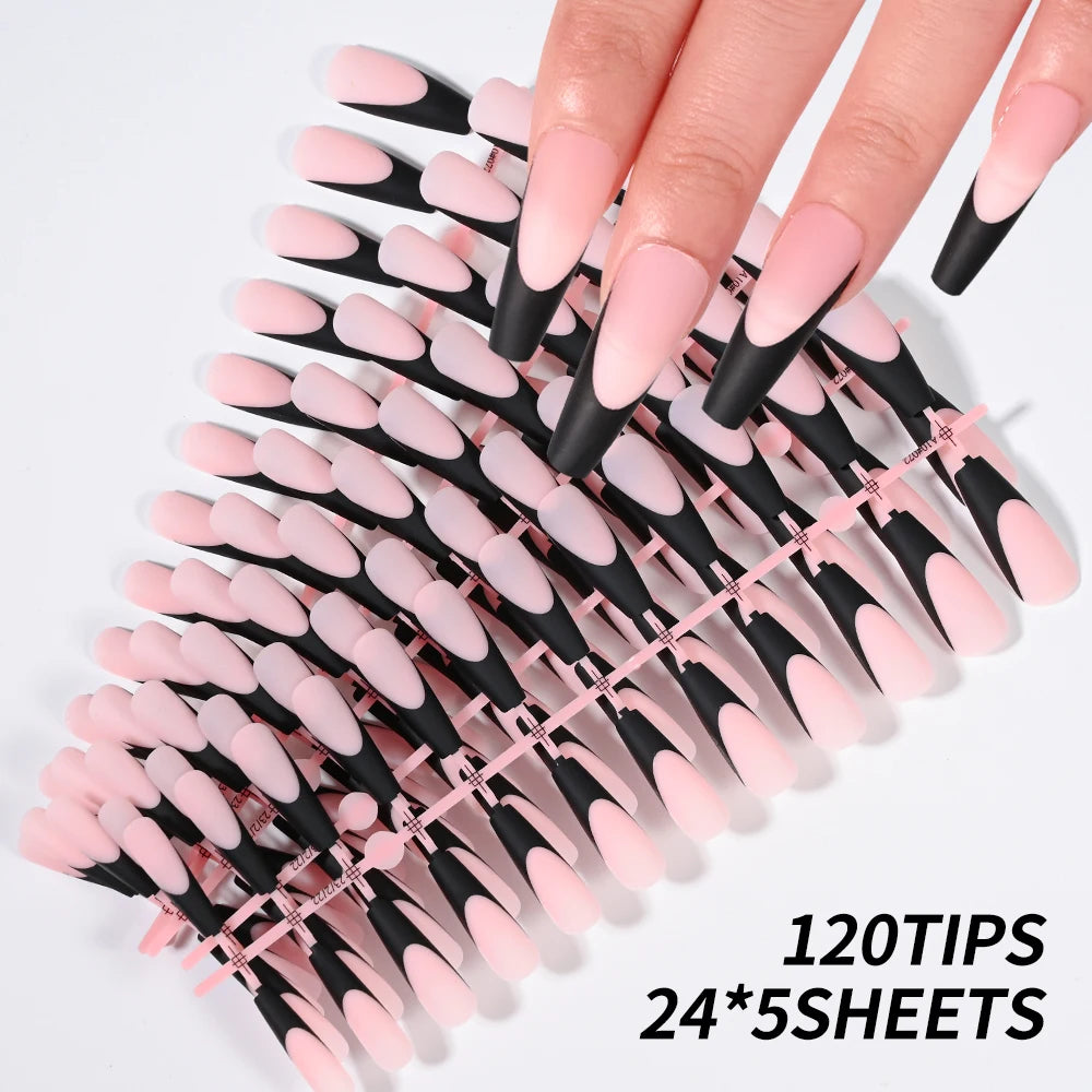 120 Faux Ongles Gel French Mat – Forme Coffin Longue, 12 Tailles, Effet Professionnel