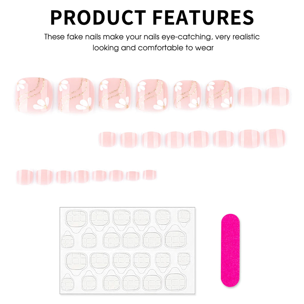 Faux Ongles de Pieds Nude Rose – 24 pièces, Style Chic & French Manucure Florale
