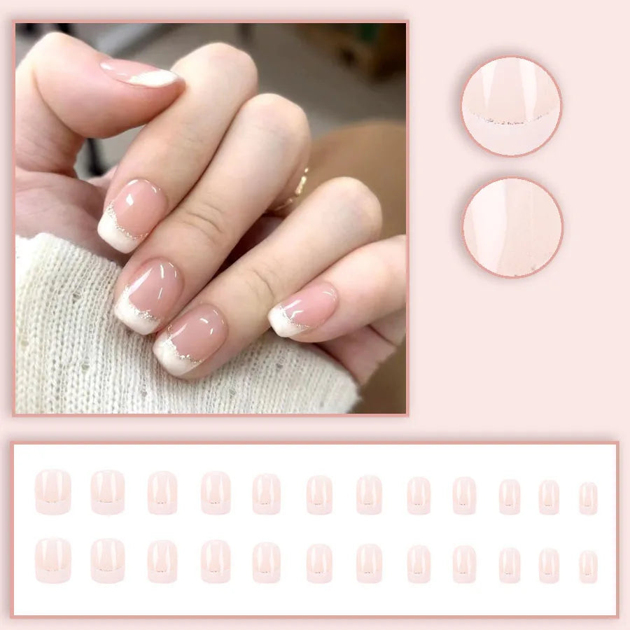 Faux Ongles 24 pièces – Dégradé Brillant, Paillettes & Cœurs, Style French Élégant