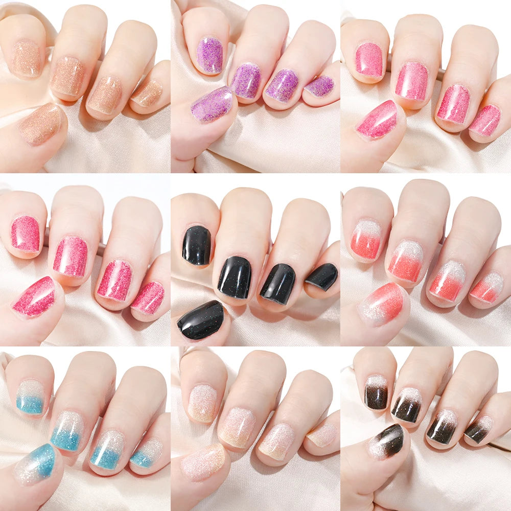 16 Tips UV Semi-Cured Gel Nails Sticker French Full Cover Luminous White Glitter Gel Nail Wraps UV for Home Nails Extension DIY#