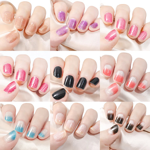 16 Tips UV Semi-Cured Gel Nails Sticker French Full Cover Luminous White Glitter Gel Nail Wraps UV for Home Nails Extension DIY#