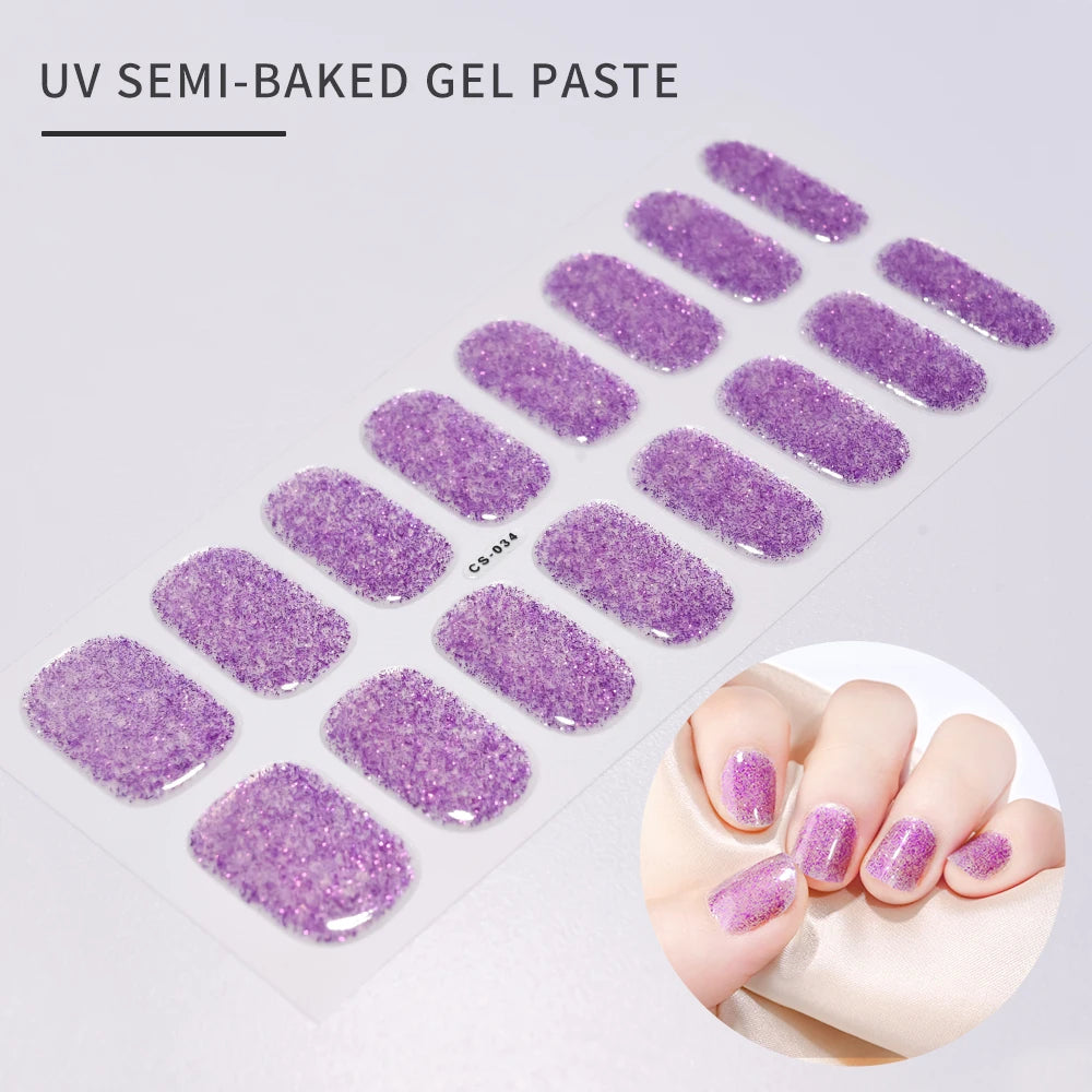16 Tips UV Semi-Cured Gel Nails Sticker French Full Cover Luminous White Glitter Gel Nail Wraps UV for Home Nails Extension DIY#