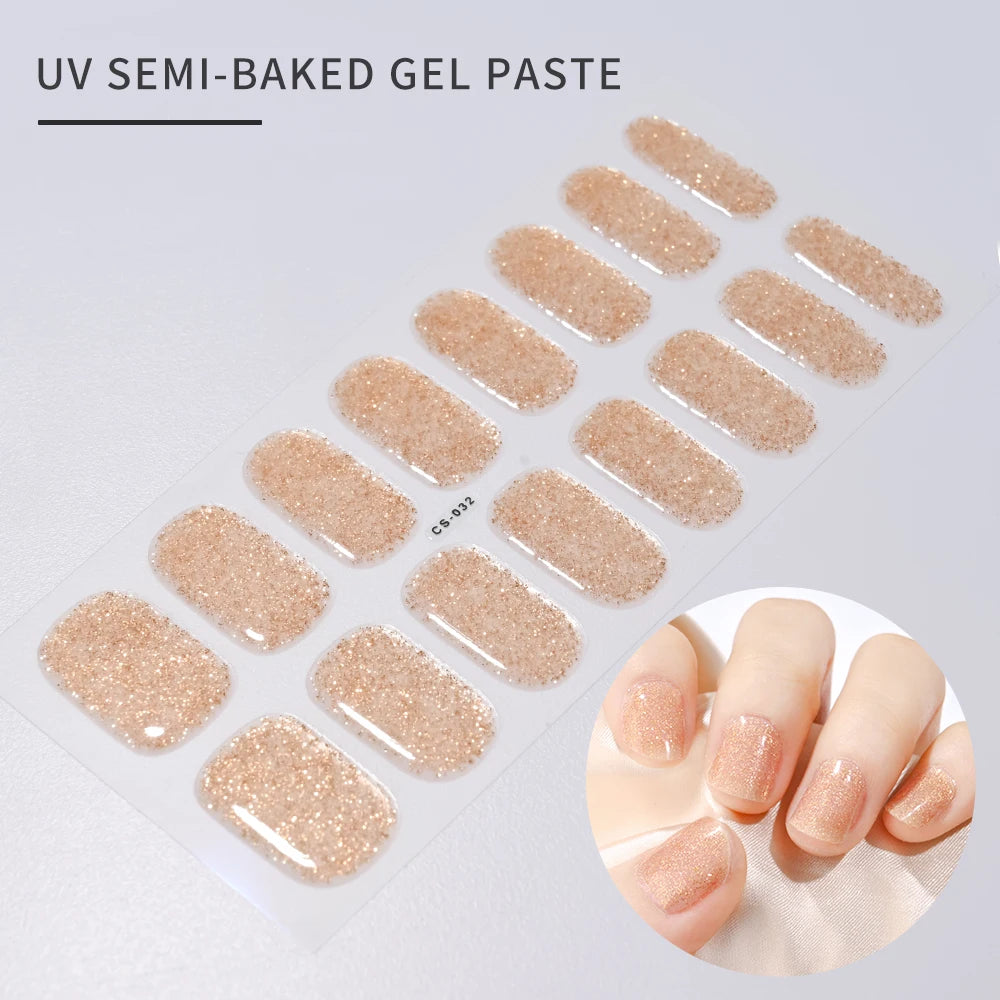 16 Tips UV Semi-Cured Gel Nails Sticker French Full Cover Luminous White Glitter Gel Nail Wraps UV for Home Nails Extension DIY#