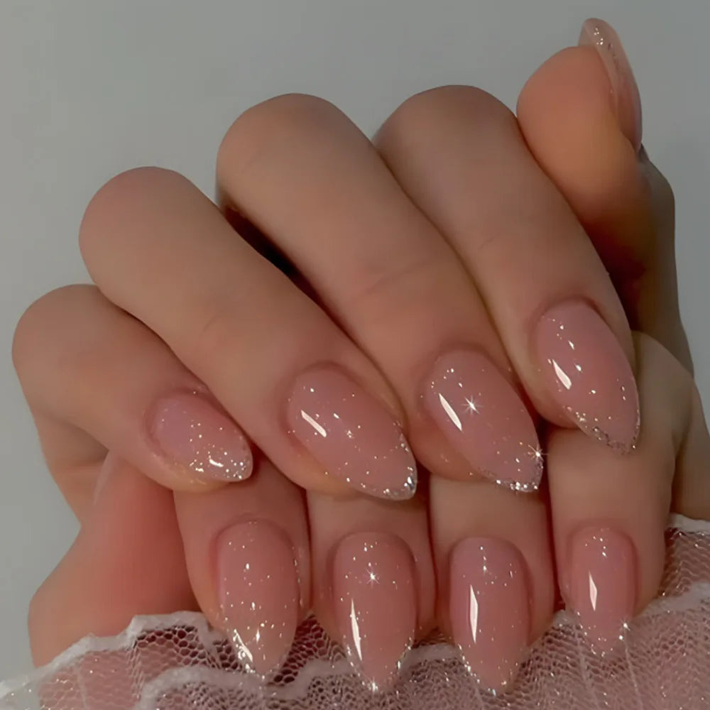 Faux Ongles 24 pièces – Dégradé Brillant, Paillettes & Cœurs, Style French Élégant