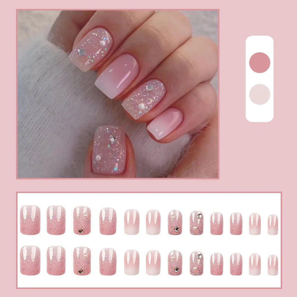 Faux Ongles 24 pièces – Dégradé Brillant, Paillettes & Cœurs, Style French Élégant
