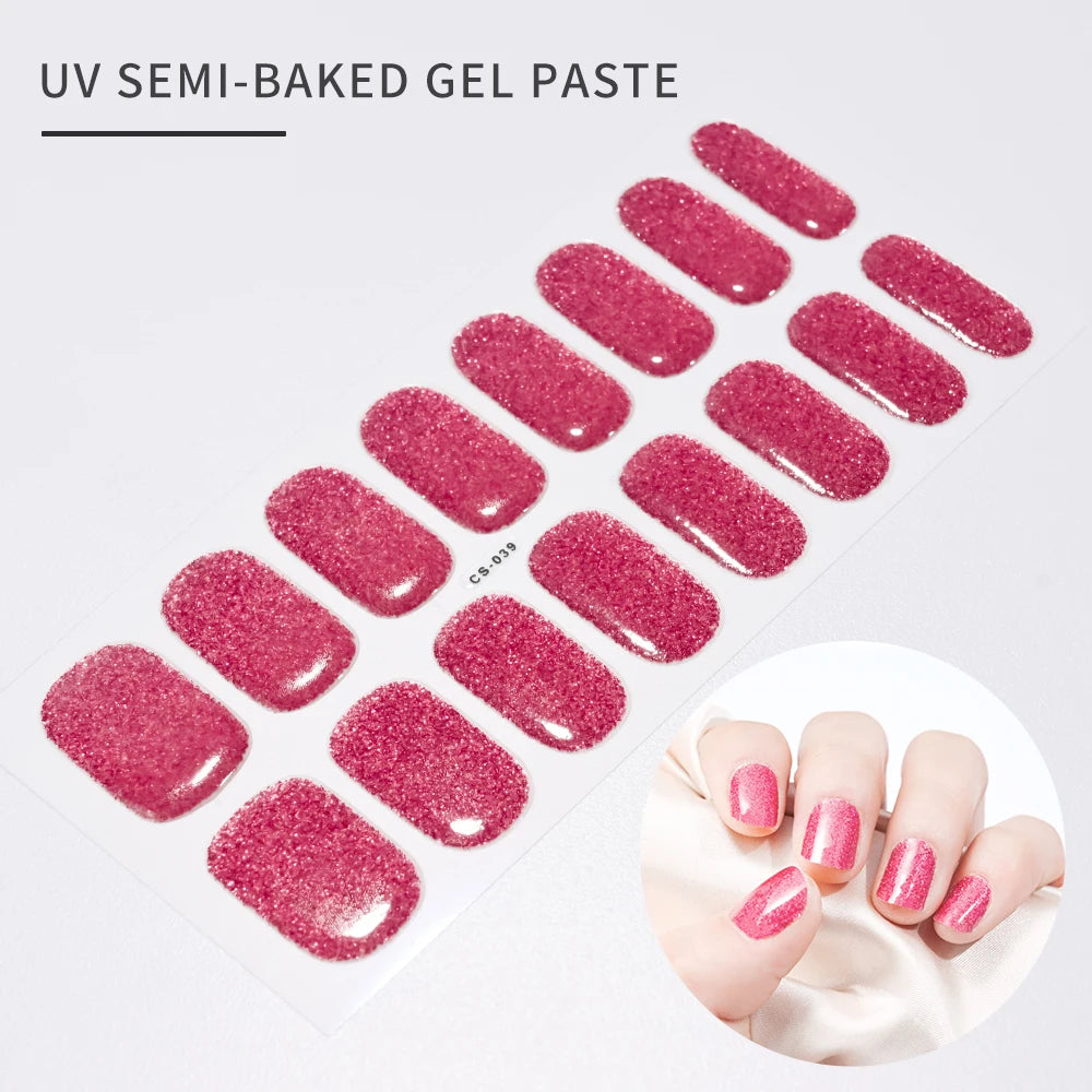 16 Tips UV Semi-Cured Gel Nails Sticker French Full Cover Luminous White Glitter Gel Nail Wraps UV for Home Nails Extension DIY#