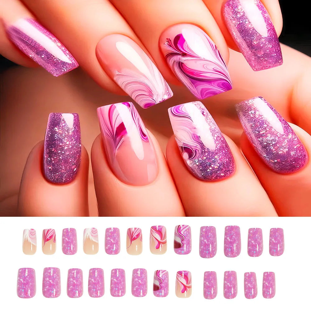Faux Ongles 24 pièces – Dégradé Brillant, Paillettes & Cœurs, Style French Élégant
