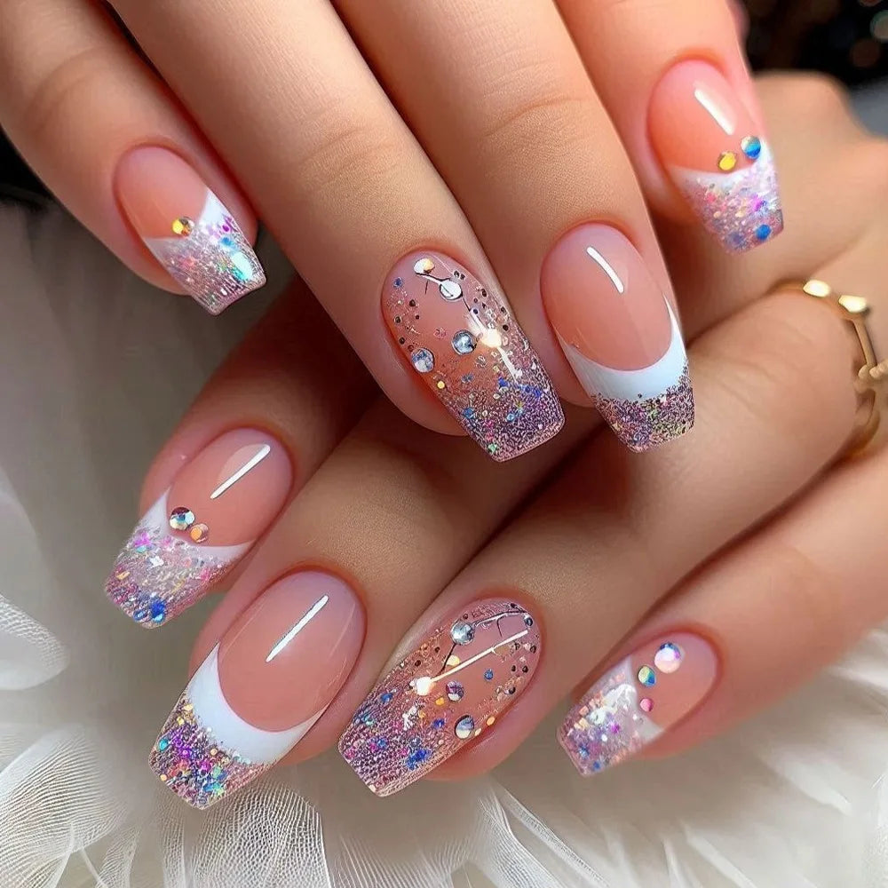 Faux Ongles 24 pièces – Dégradé Brillant, Paillettes & Cœurs, Style French Élégant
