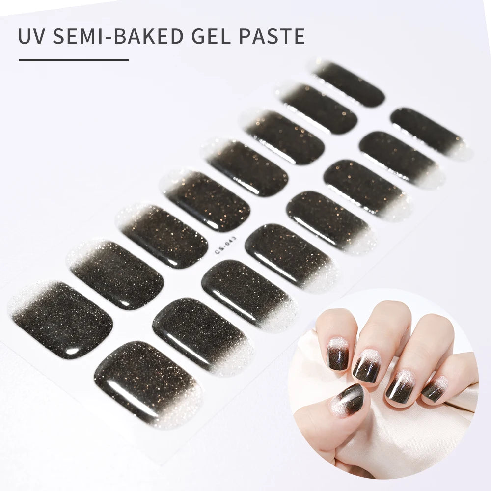 16 Tips UV Semi-Cured Gel Nails Sticker French Full Cover Luminous White Glitter Gel Nail Wraps UV for Home Nails Extension DIY#