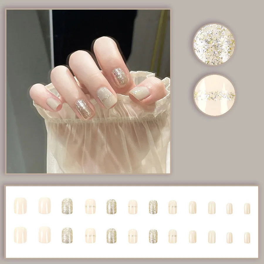 Faux Ongles 24 pièces – Dégradé Brillant, Paillettes & Cœurs, Style French Élégant