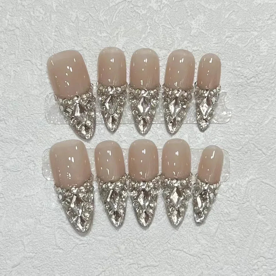10Pcs Handmade Press on Nails Full Cover Butterflies Rhinestones Design Pink  Almond False Nails Wearable Manicure Nail Tips Art