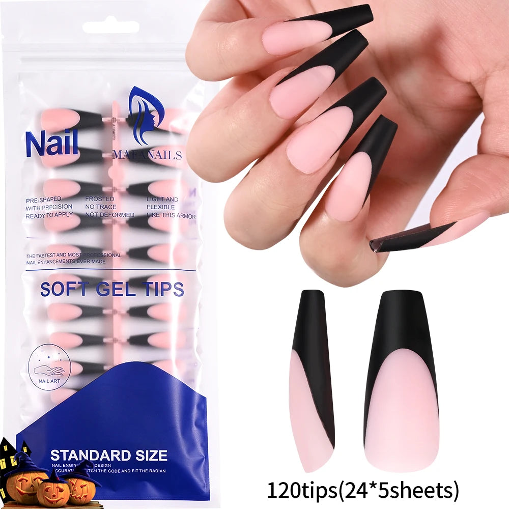120 Faux Ongles Gel French Mat – Forme Coffin Longue, 12 Tailles, Effet Professionnel