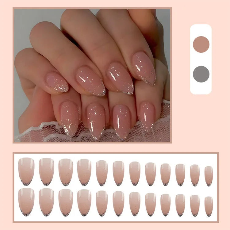 Faux Ongles 24 pièces – Dégradé Brillant, Paillettes & Cœurs, Style French Élégant