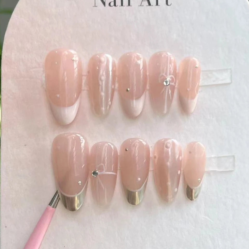 10Pcs Handmade Press on Nails Full Cover Butterflies Rhinestones Design Pink  Almond False Nails Wearable Manicure Nail Tips Art