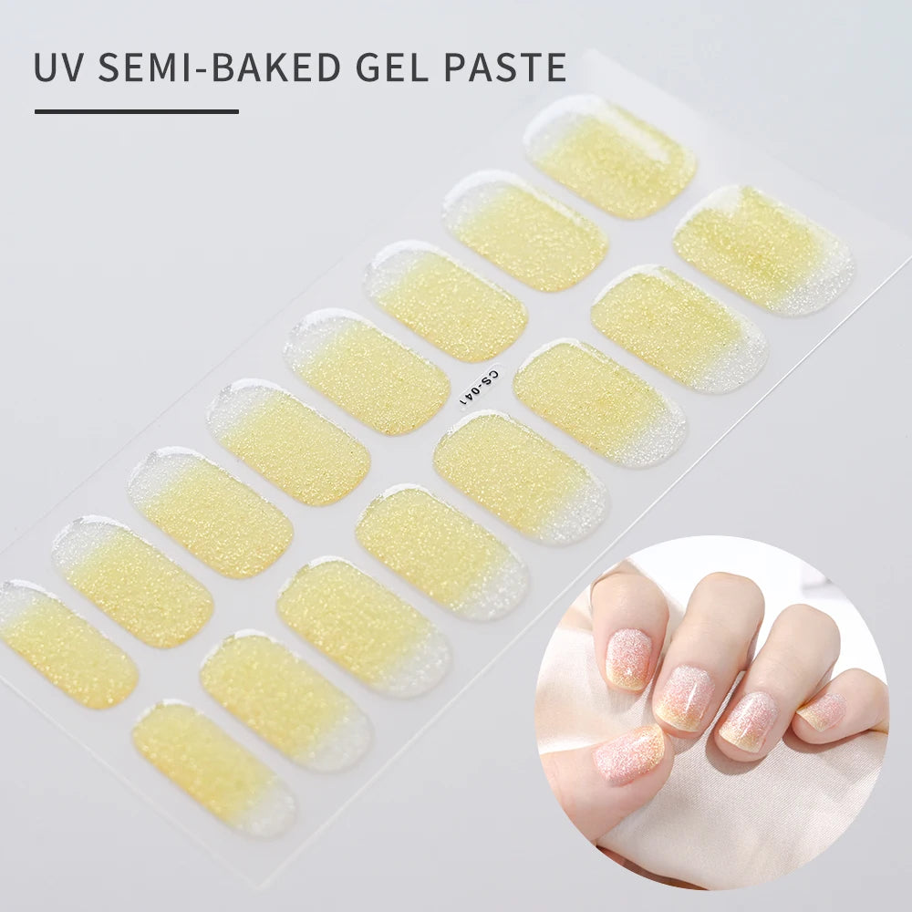 16 Tips UV Semi-Cured Gel Nails Sticker French Full Cover Luminous White Glitter Gel Nail Wraps UV for Home Nails Extension DIY#