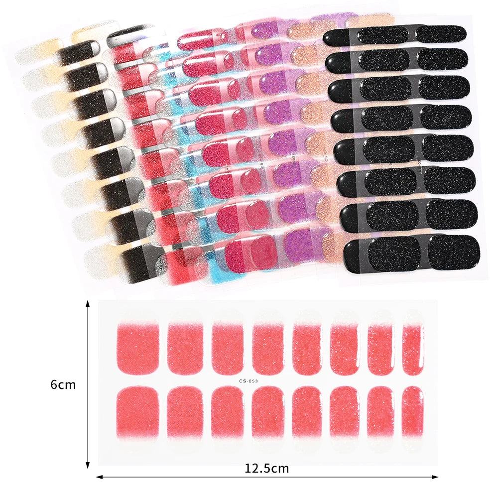 16 Tips UV Semi-Cured Gel Nails Sticker French Full Cover Luminous White Glitter Gel Nail Wraps UV for Home Nails Extension DIY#
