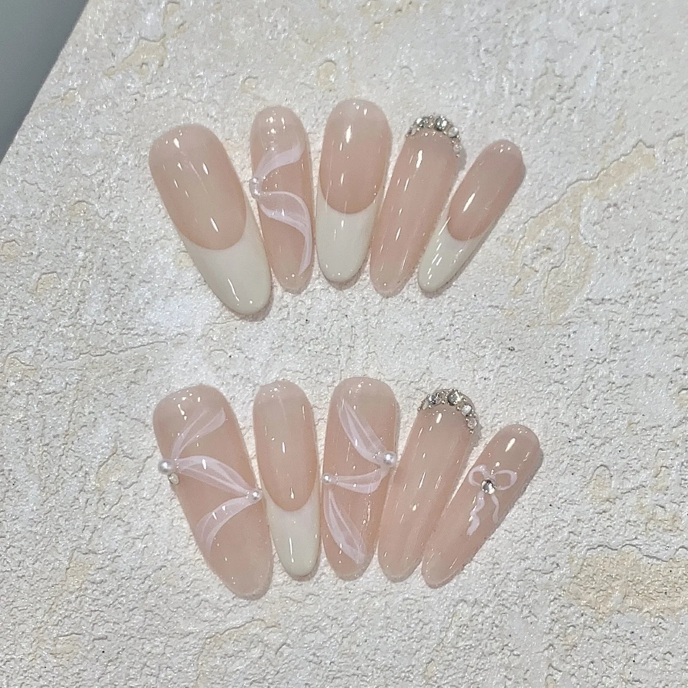 10Pcs Handmade Press on Nails Full Cover Butterflies Rhinestones Design Pink  Almond False Nails Wearable Manicure Nail Tips Art