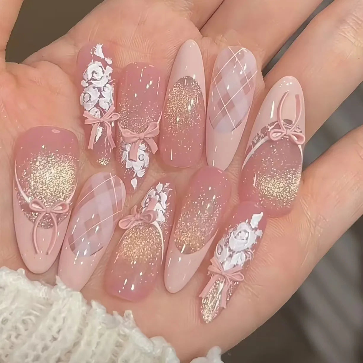10Pcs Handmade Press on Nails Full Cover Butterflies Rhinestones Design Pink  Almond False Nails Wearable Manicure Nail Tips Art