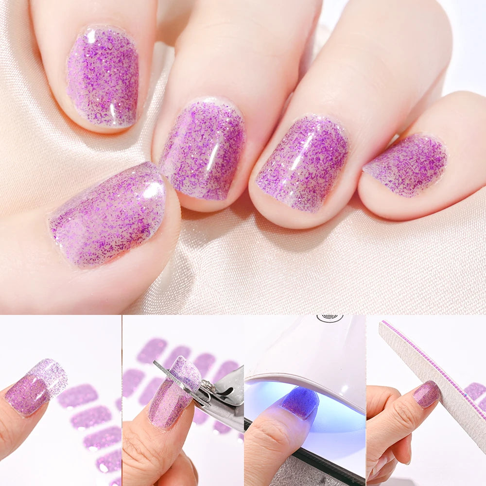 16 Tips UV Semi-Cured Gel Nails Sticker French Full Cover Luminous White Glitter Gel Nail Wraps UV for Home Nails Extension DIY#
