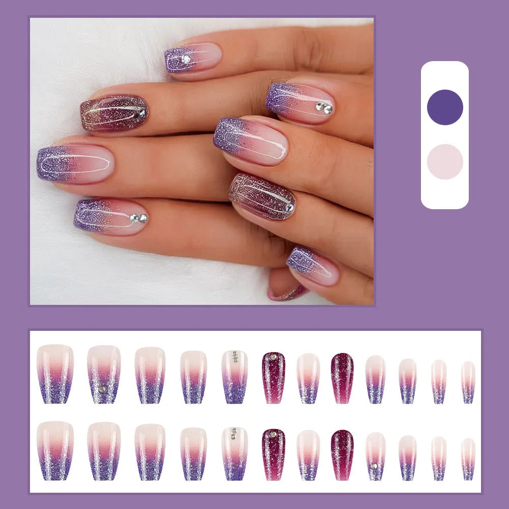 Faux Ongles 24 pièces – Dégradé Brillant, Paillettes & Cœurs, Style French Élégant