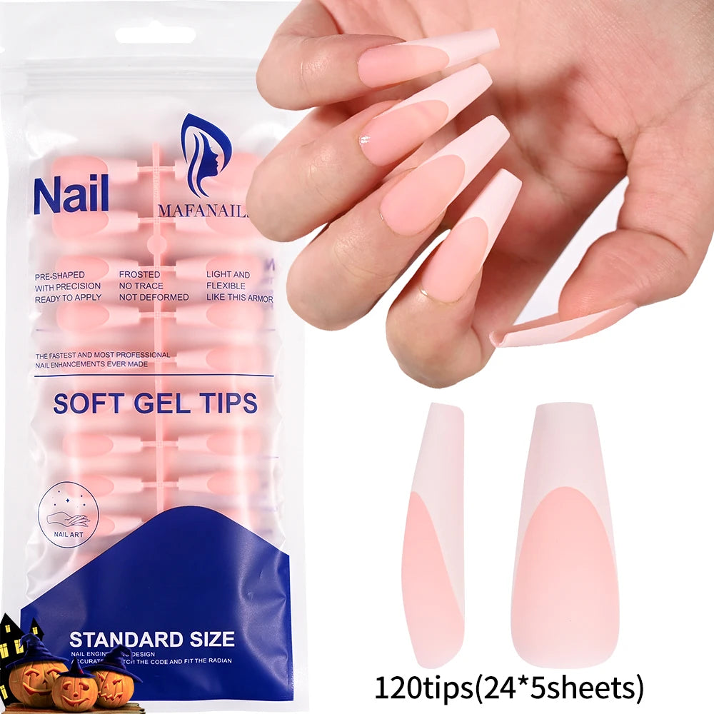 120 Faux Ongles Gel French Mat – Forme Coffin Longue, 12 Tailles, Effet Professionnel