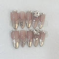 10Pcs Handmade Press on Nails Full Cover Butterflies Rhinestones Design Pink  Almond False Nails Wearable Manicure Nail Tips Art