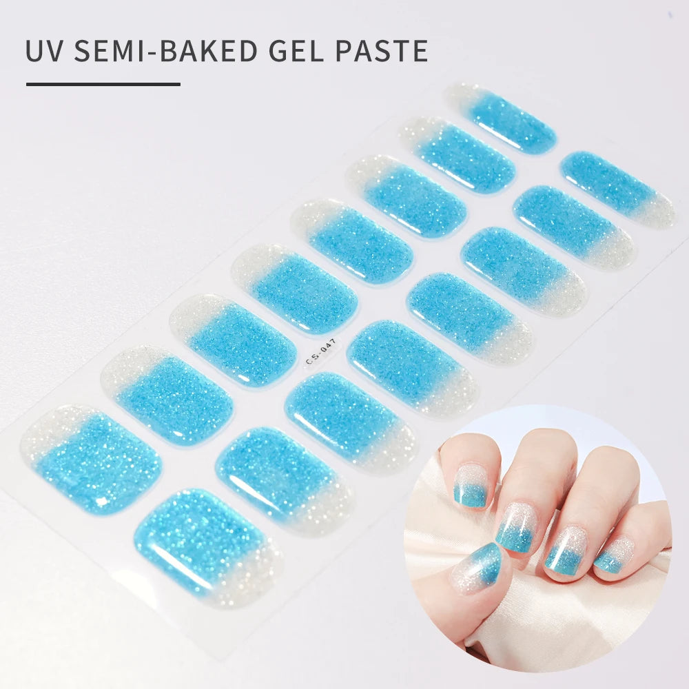 16 Tips UV Semi-Cured Gel Nails Sticker French Full Cover Luminous White Glitter Gel Nail Wraps UV for Home Nails Extension DIY#