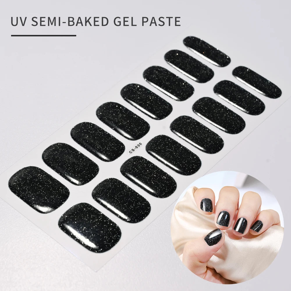 16 Tips UV Semi-Cured Gel Nails Sticker French Full Cover Luminous White Glitter Gel Nail Wraps UV for Home Nails Extension DIY#