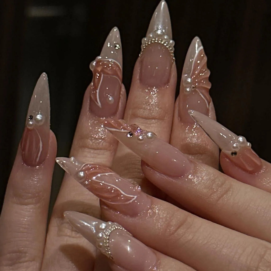 Faux Ongles Luxe 24 Pièces – Strass, Perles & Motif Queue de Sirène