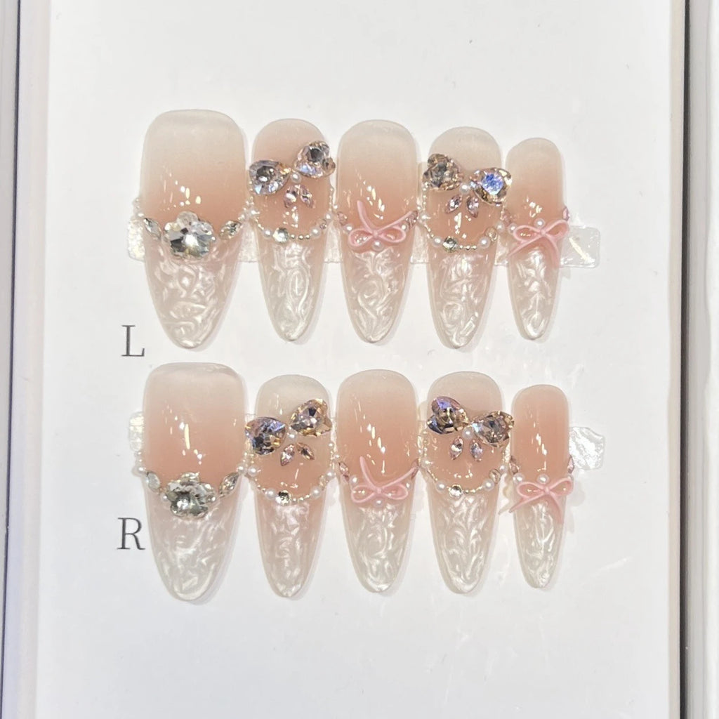 10Pcs Handmade Press on Nails Full Cover Butterflies Rhinestones Design Pink  Almond False Nails Wearable Manicure Nail Tips Art