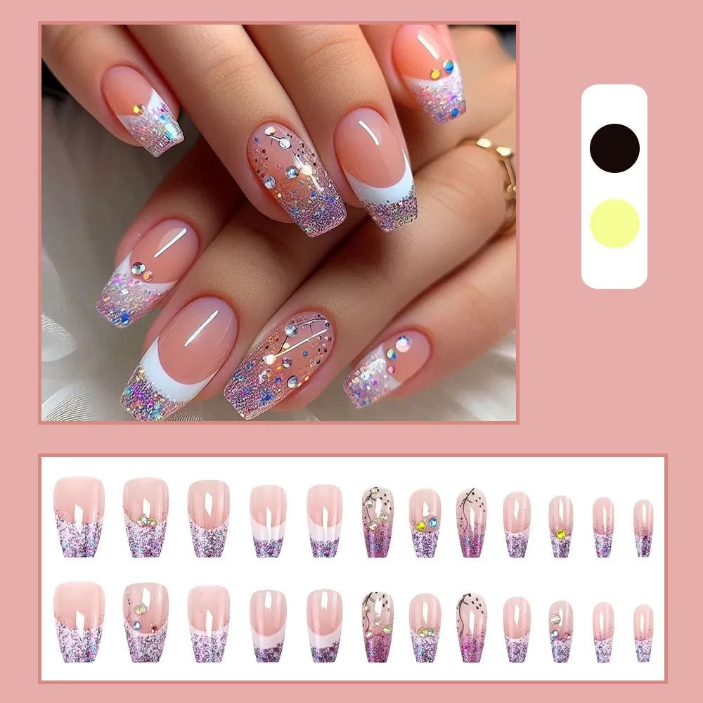 Faux Ongles 24 pièces – Dégradé Brillant, Paillettes & Cœurs, Style French Élégant