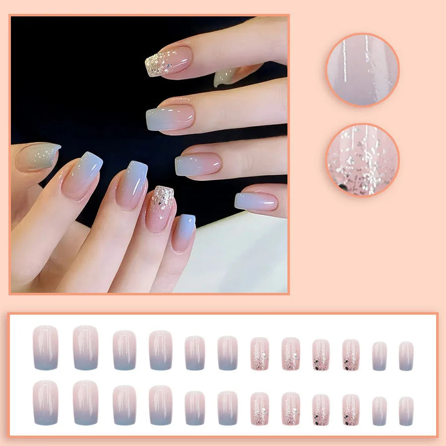 Faux Ongles 24 pièces – Dégradé Brillant, Paillettes & Cœurs, Style French Élégant